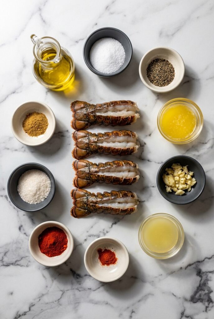 Flat lay of cold-water lobster, kitchen shears, and clarified butter for Grilled Lobster Tails Recipe on marble.