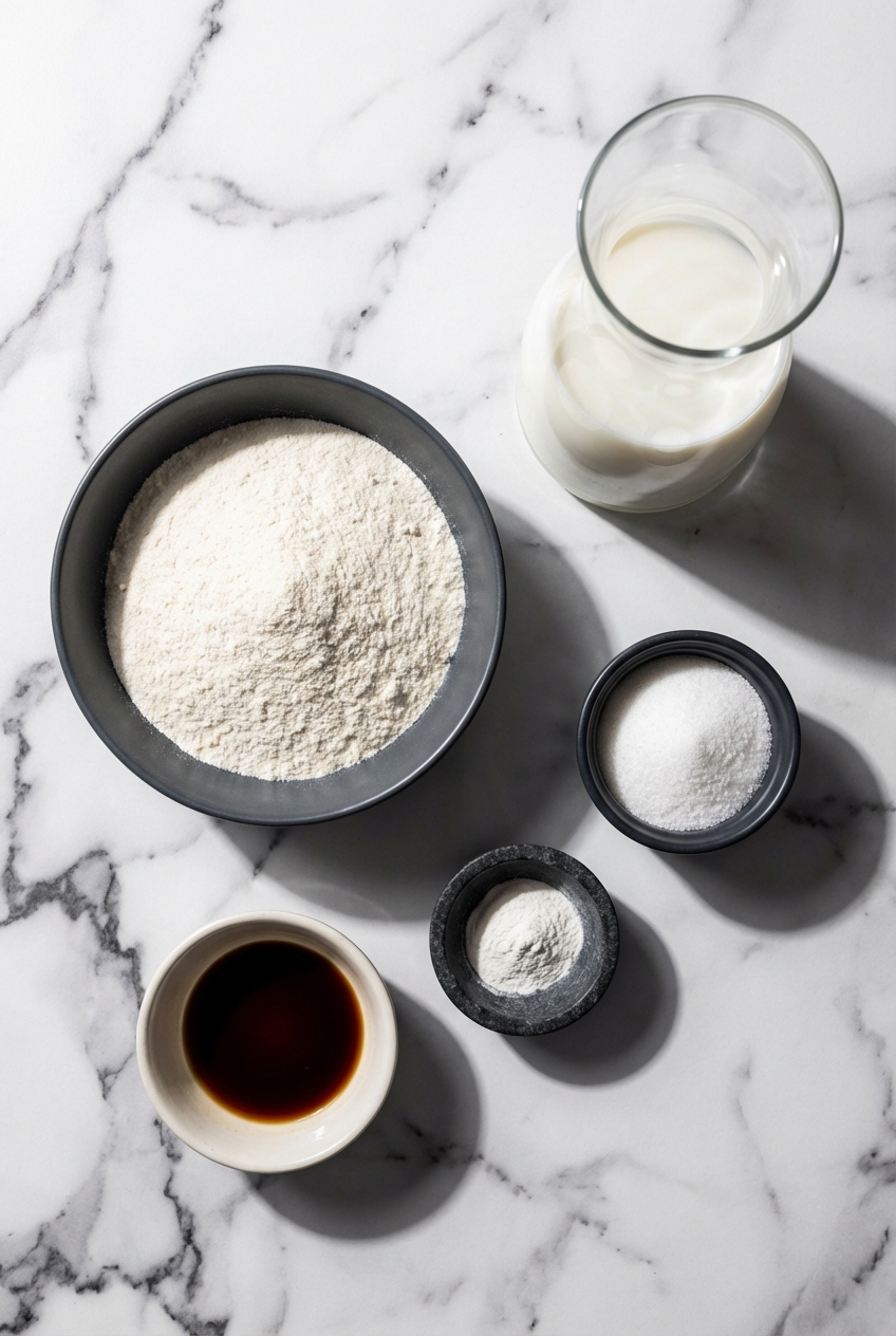 Flat lay of High-Protein Ice Cream ingredients including Fairlife milk, whey protein, and sugar-free pudding mix on a contemporary countertop.