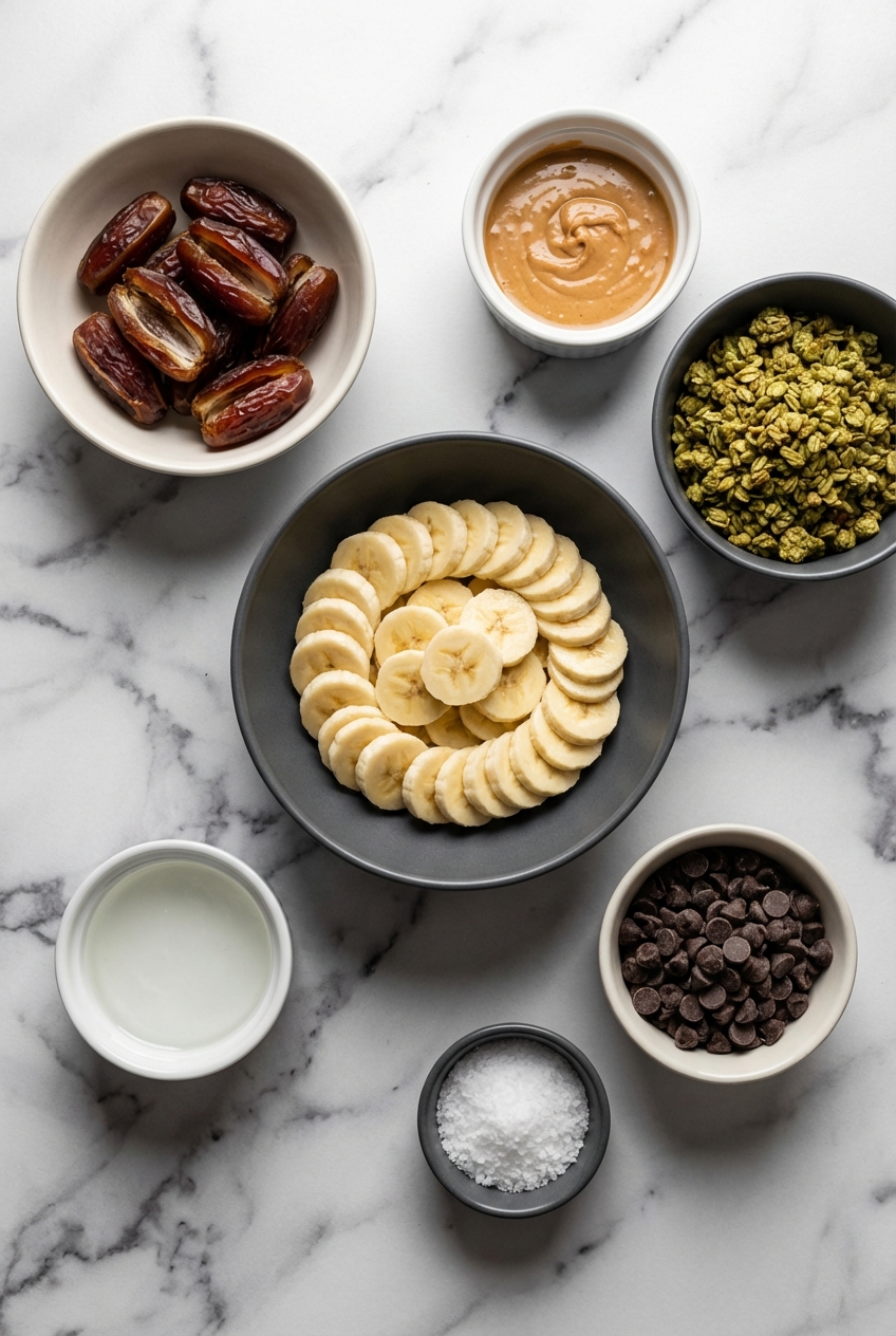 Flat lay of Medjool dates, dark chocolate chips, and peanut butter for Banana Date Bark on a contemporary countertop.