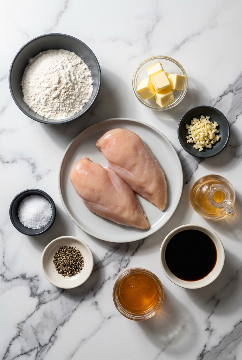 Flat lay of chicken breast, honey, soy sauce, and aromatics on a contemporary white marble countertop with natural window lighting.
