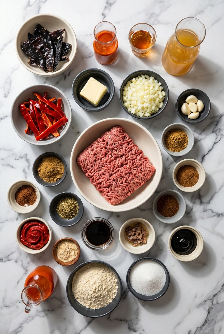 Flat lay of raw ingredients for hot dog chili recipe including ground chuck, masa harina, and tomato paste on a contemporary countertop.