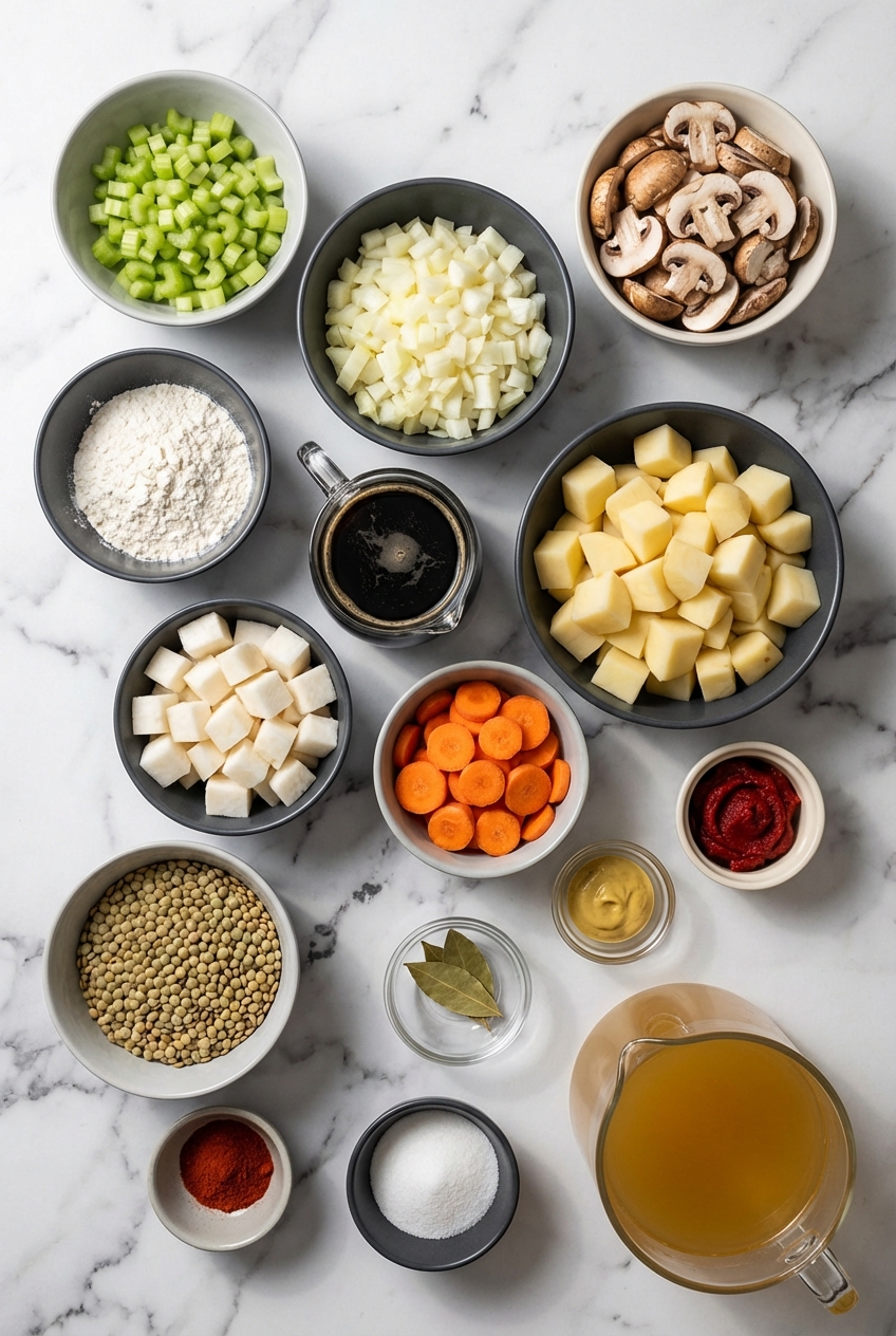 Flat lay of irish vegetarian stew ingredients featuring lentils, Guinness stout, mirepoix, and cremini mushrooms on marble.