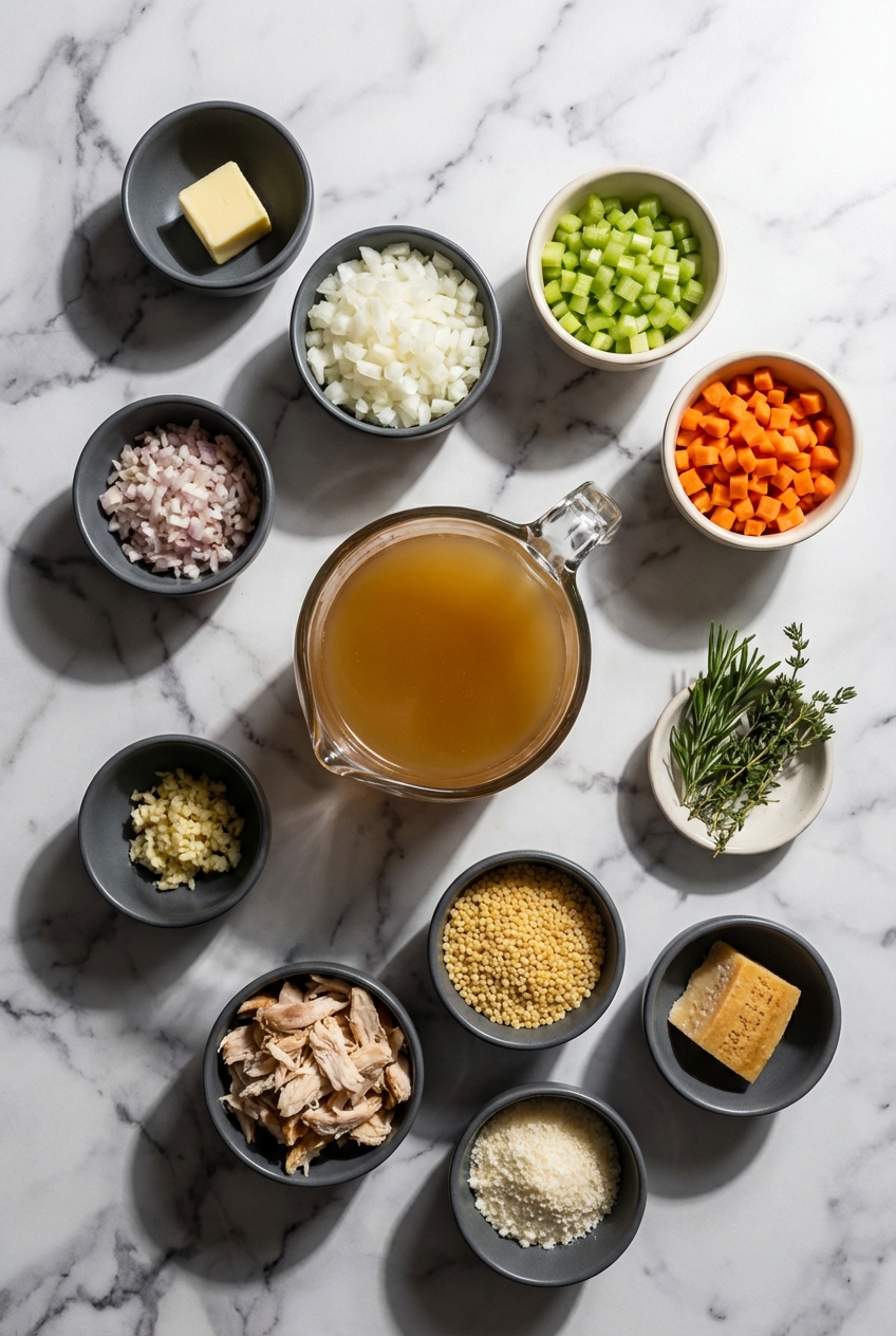 Flat lay of italian pastina soup ingredients including stelline pasta, mirepoix vegetables, and low-sodium chicken broth on a contemporary countertop.