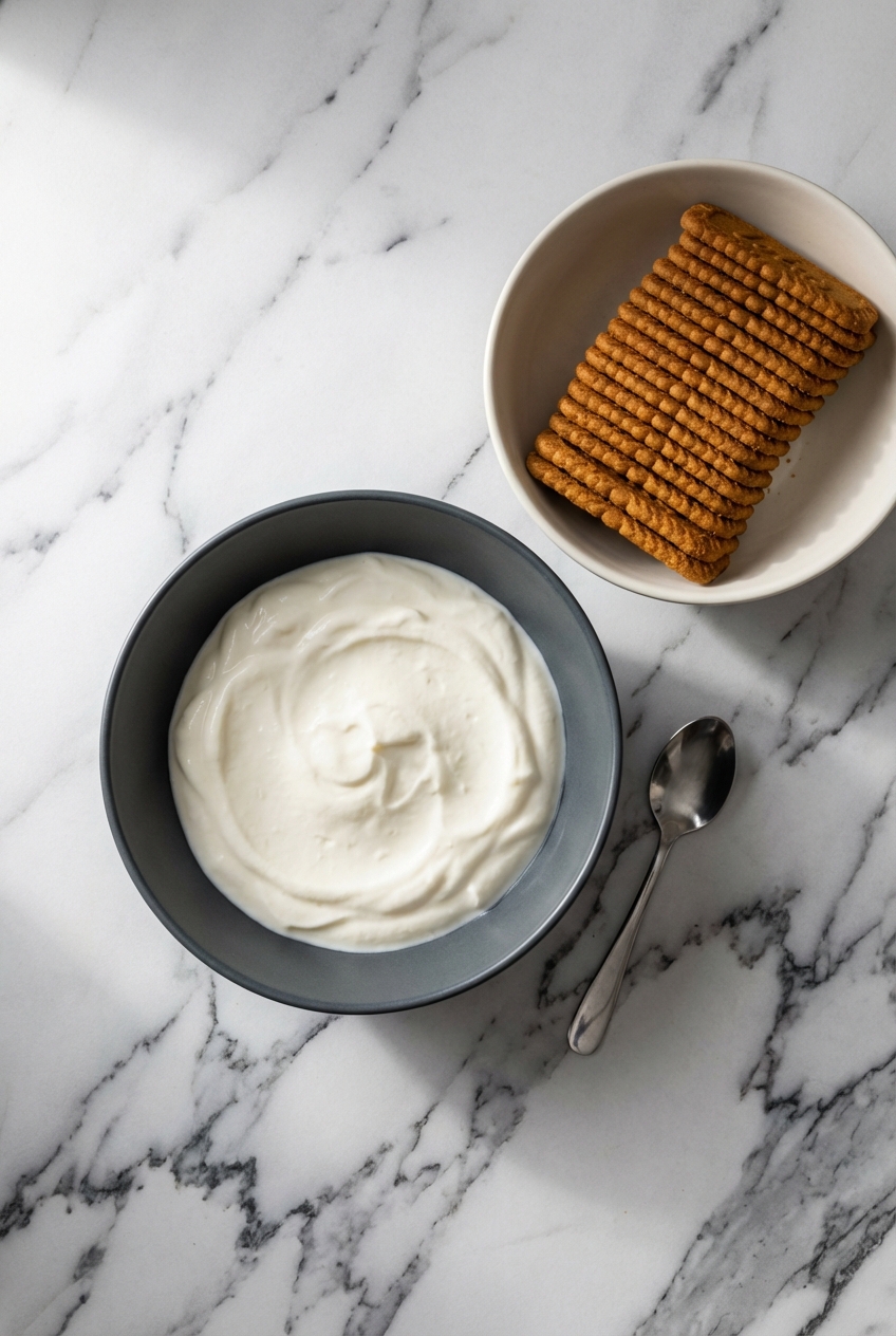 Flat lay of Greek yogurt, Icelandic Skyr, and fresh lemons on a contemporary white marble surface.