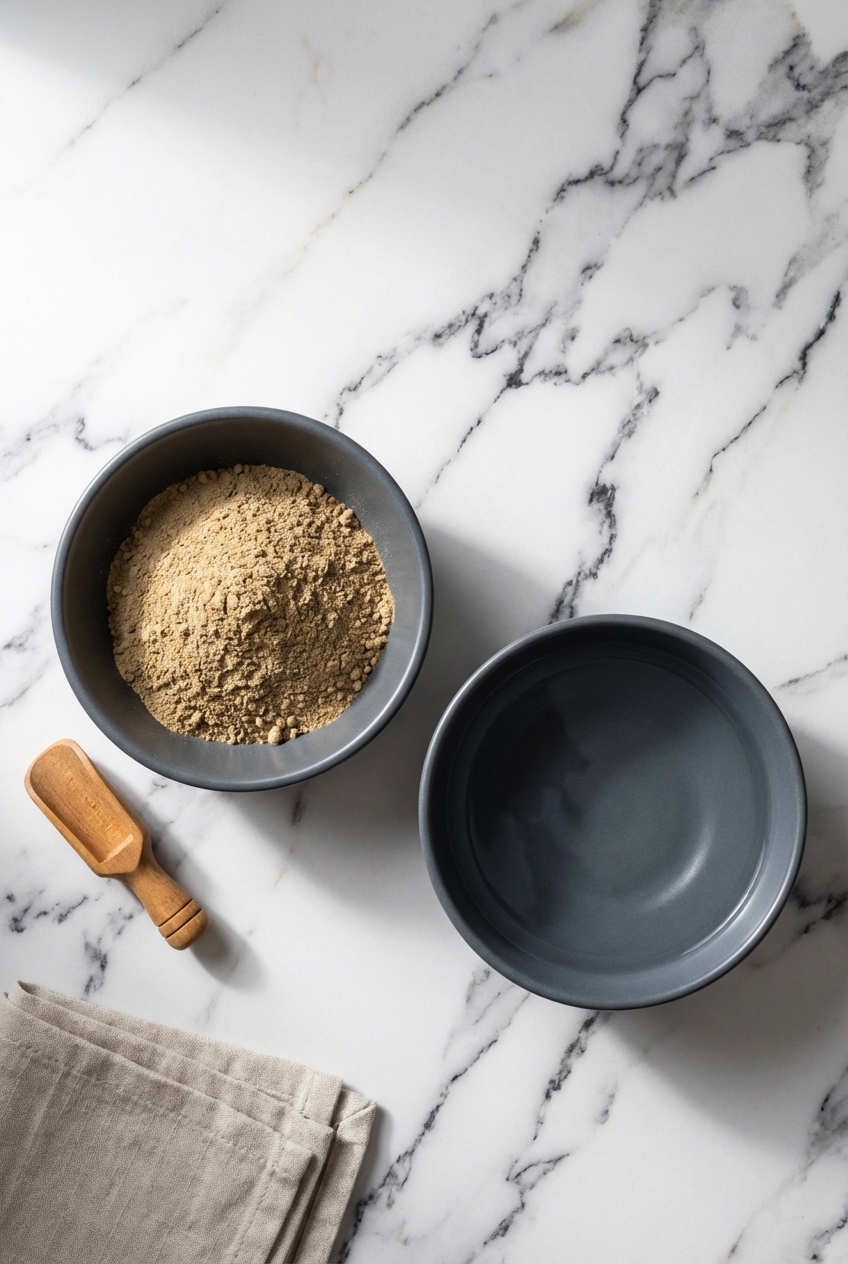 Flat lay of noble kava root powder, a muslin strainer bag, and water on a contemporary white marble countertop.