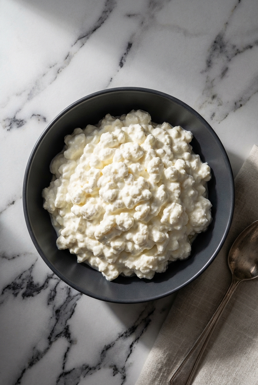 Flat lay of Keto Cottage Cheese Chips ingredients including Good Culture cottage cheese and seasonings on white marble.