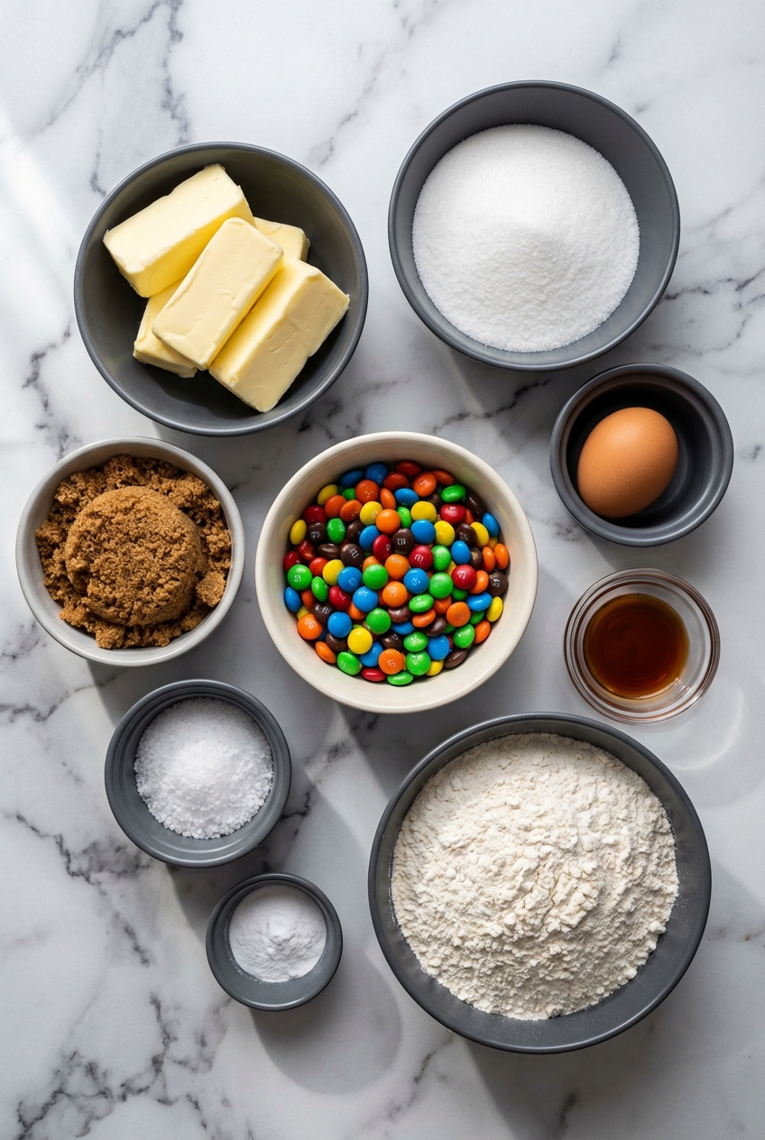 Overhead flat lay of m&m cookies ingredients including unsalted butter, dark brown sugar, and flour on a contemporary white countertop.