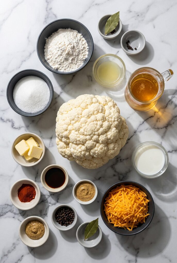 Flat lay of raw Whole Roasted Cauliflower, white miso, maple syrup, and smoked paprika on a contemporary countertop.