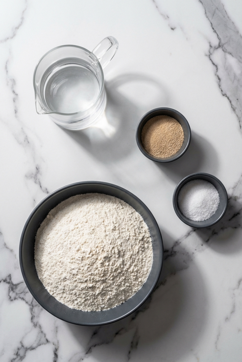 Flat lay of bread flour, instant yeast, and diastatic malt powder for No Knead Baguette Recipe on a contemporary countertop.