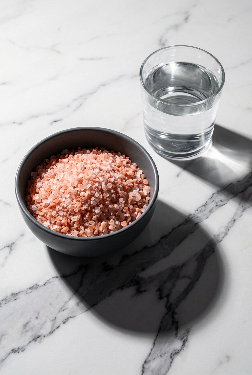 Flat lay of Himalayan pink salt, cream of tartar, and citric acid for the pink salt diet trick recipe on a contemporary countertop.
