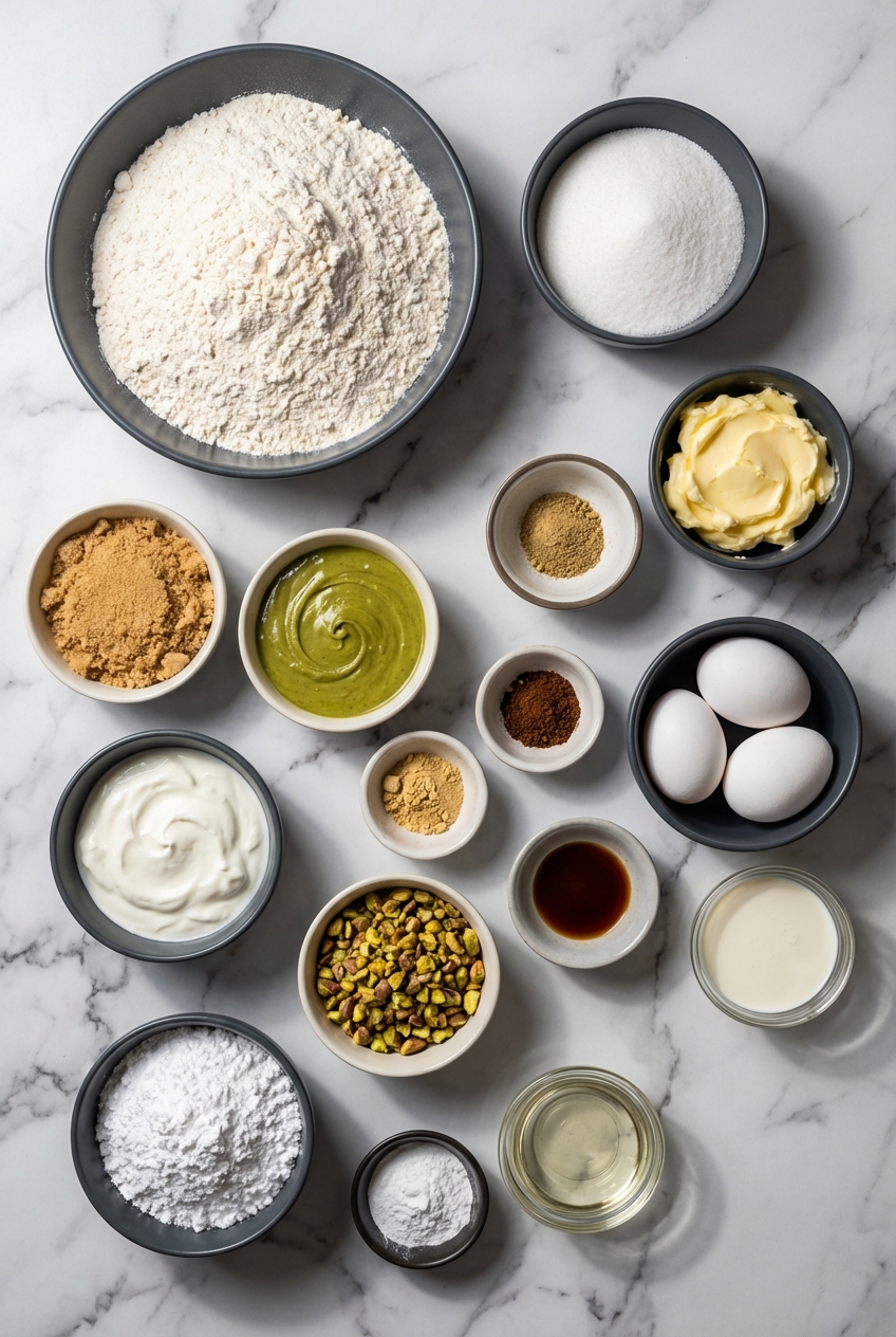Flat lay of Pistachio Coffee Cake ingredients on a white marble surface including pistachio cream, Greek yogurt, and cardamom.
