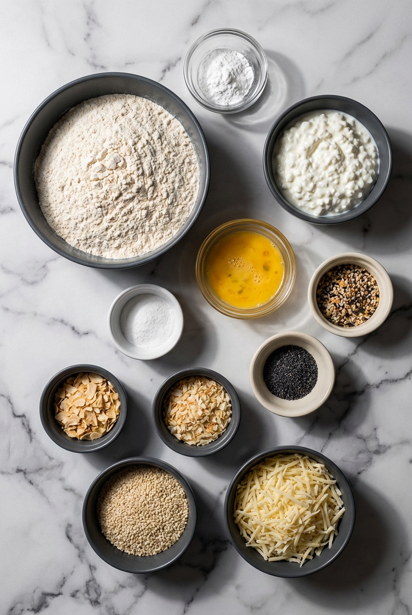 Flat lay of ingredients for Protein Bagels with Cottage Cheese including flour, cottage cheese, and nutritional yeast on a contemporary countertop.