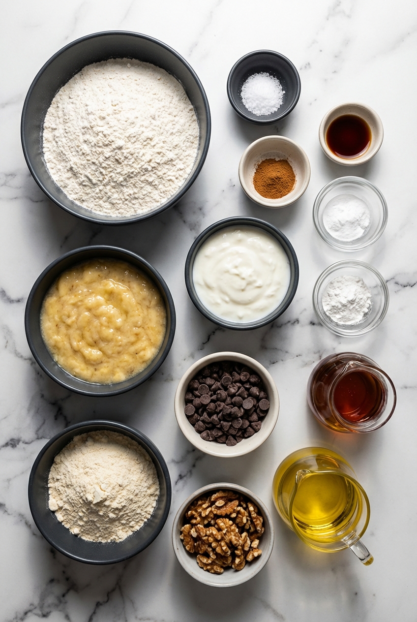 Flat lay of ingredients for Protein Banana Bread on a white marble surface, including overripe bananas, whey protein isolate, and Greek yogurt in minimalist ceramic vessels.