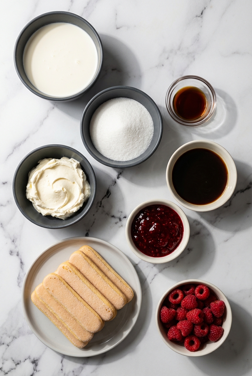 Flat lay of Raspberry Tiramisu ingredients including Mascarpone, Savoiardi ladyfingers, and raspberry powder on a white marble counter.