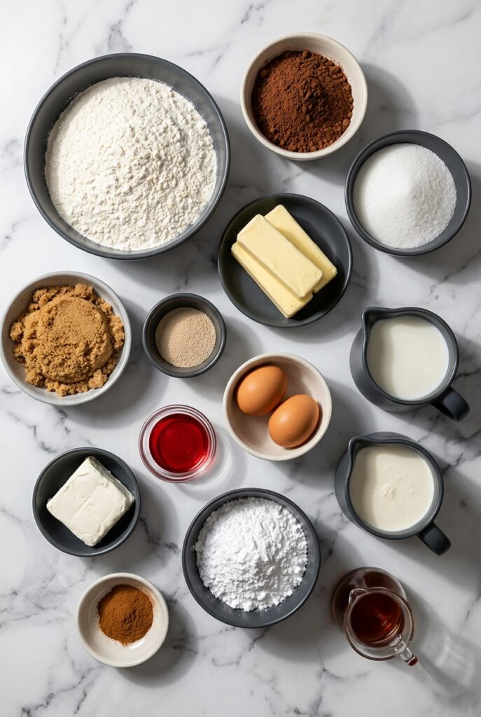 Flat lay of ingredients for Red Velvet Valentine's Day Cinnamon Rolls including Dutch-processed cocoa powder and active dry yeast on a contemporary countertop.
