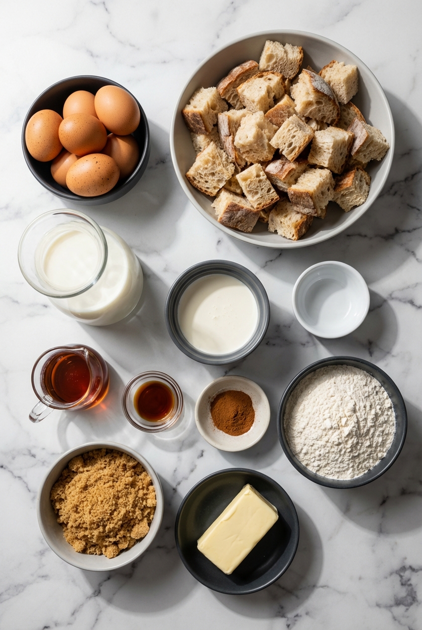 Flat lay of artisan bread boule, heavy cream, and maple syrup on a contemporary countertop with natural window lighting.
