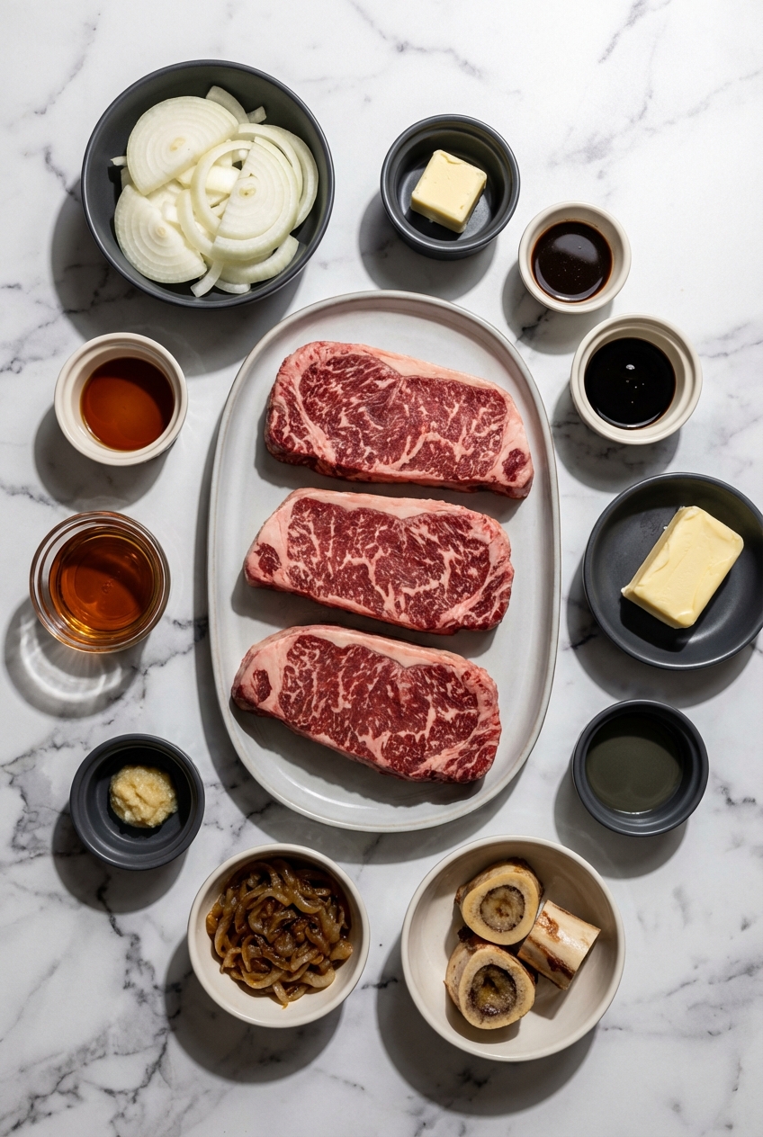 Flat lay of raw steak, yellow onions, espresso grounds, and balsamic reduction for steak caramelized onion on a white marble surface.