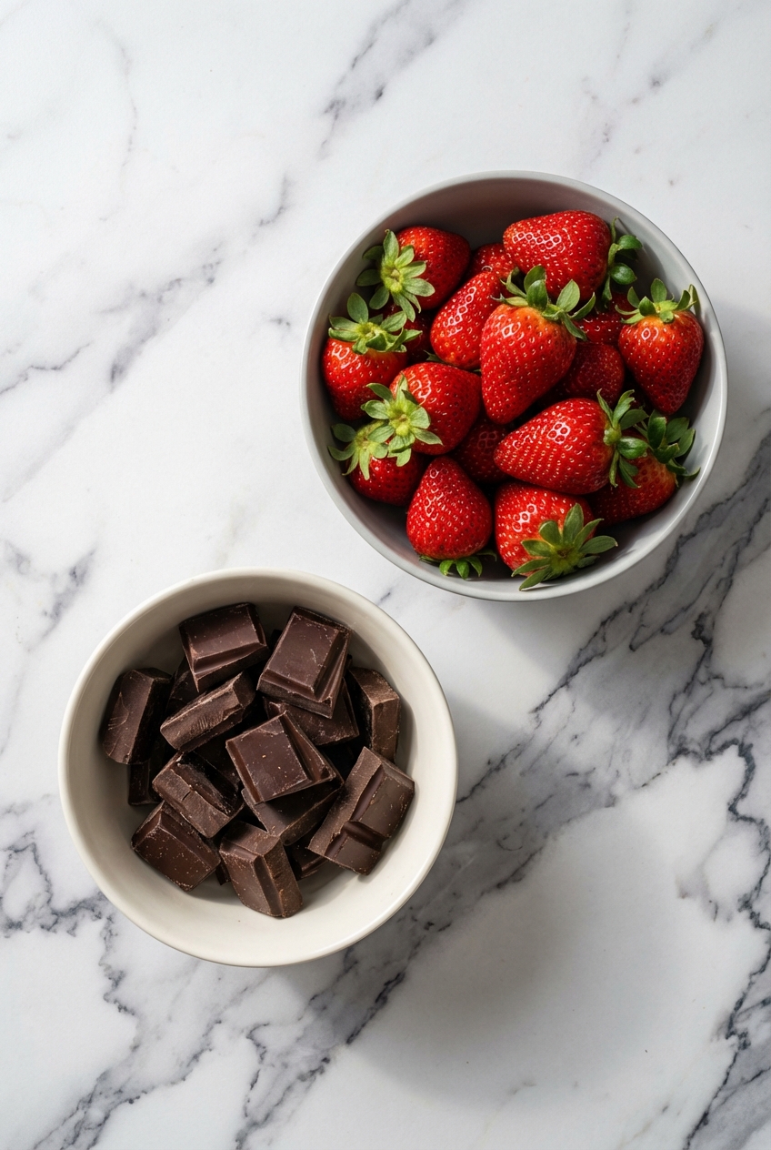 strawberry and chocolate ingredients flat lay