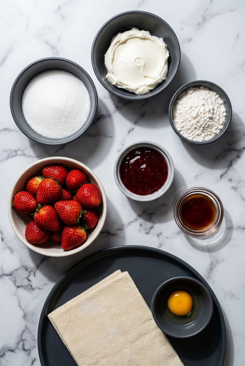 Strawberry Cream Cheese Heart Danishes ingredients flat lay