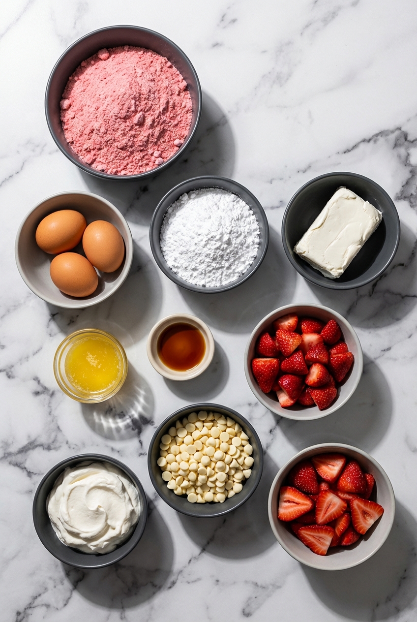 Flat lay of Strawberry Earthquake Cake ingredients including strawberry cake mix, cream cheese, and white chocolate on a contemporary countertop.