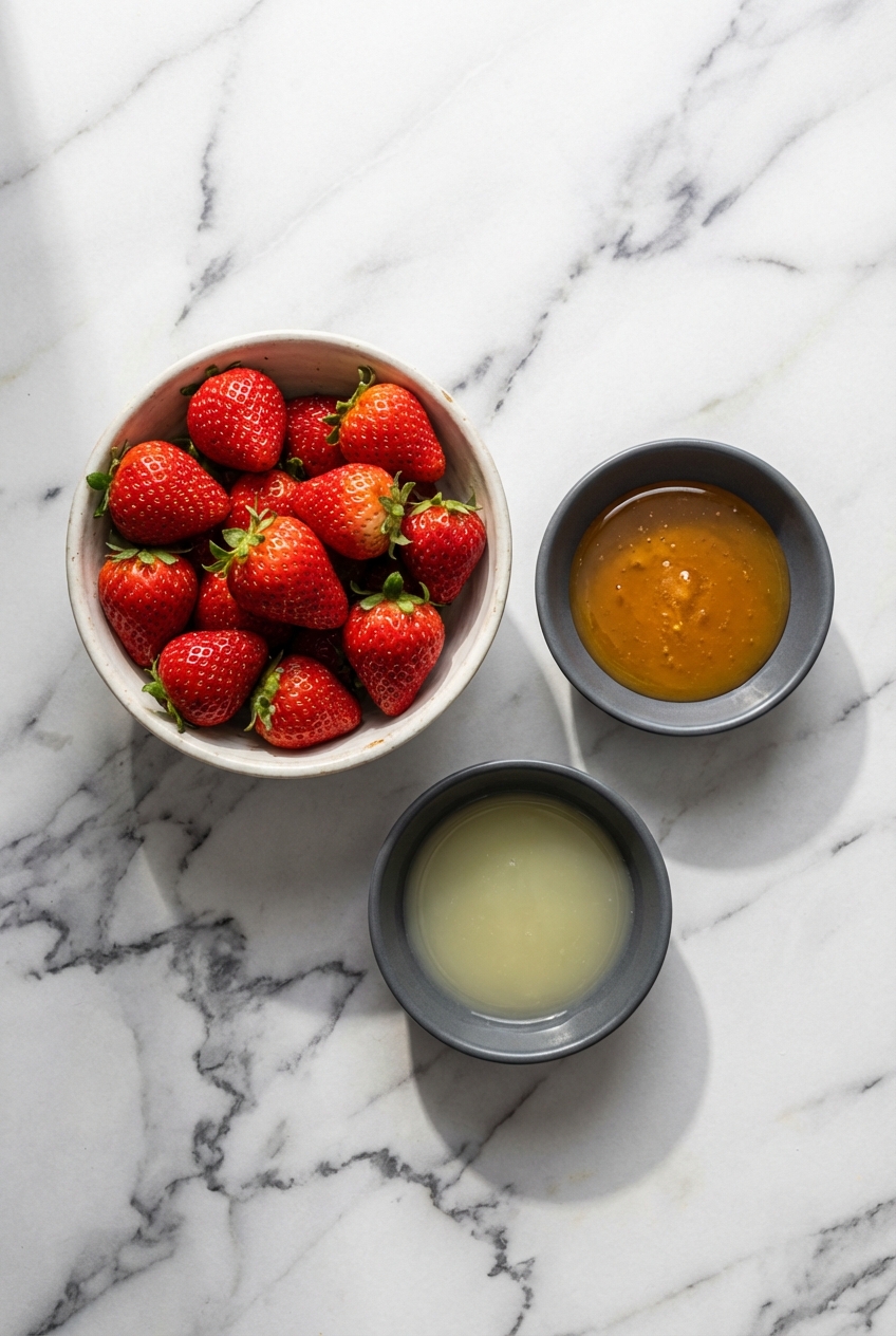 Flat lay of fresh strawberries for puree, vanilla extract, and sea salt on a contemporary countertop for 3-Ingredient Strawberry Fruit Roll-Ups.