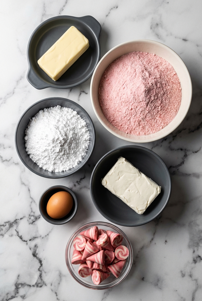 Flat lay composition of ingredients for Strawberry Kiss Cookies on a contemporary countertop with strawberry cake mix and cream cheese.