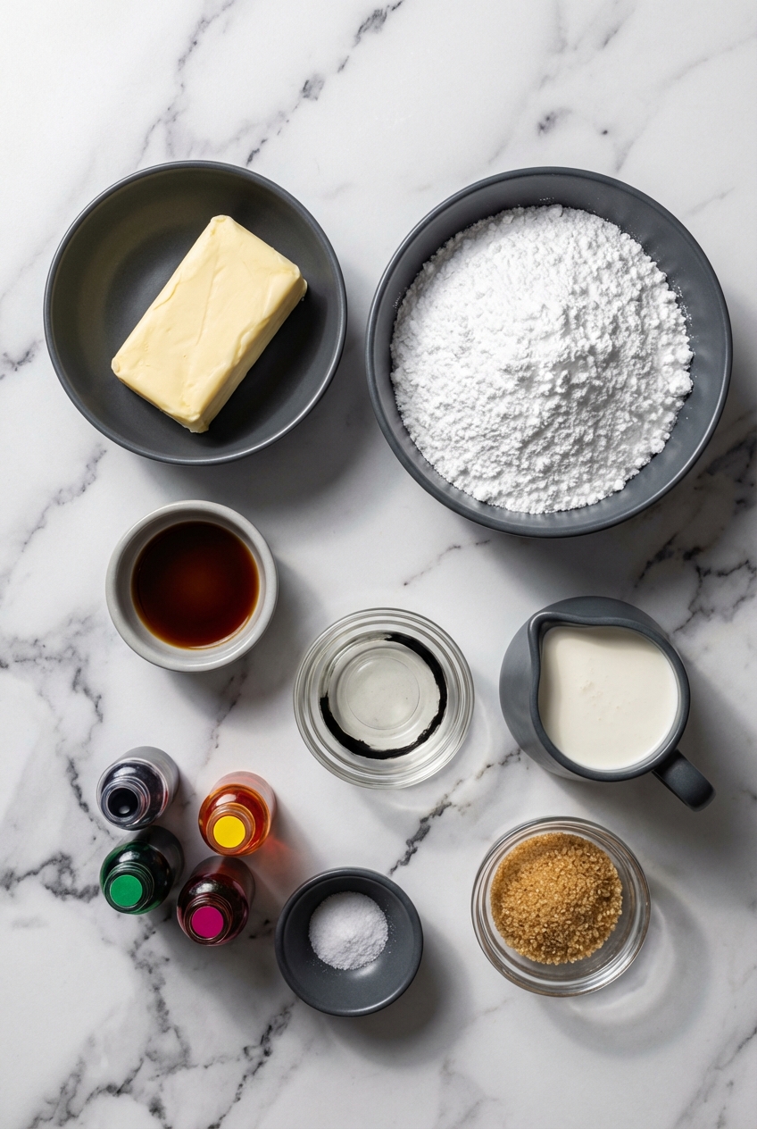 Flat lay of Sugar Cookie Frosting Recipe ingredients including confectioners' sugar, butter, and heavy whipping cream.