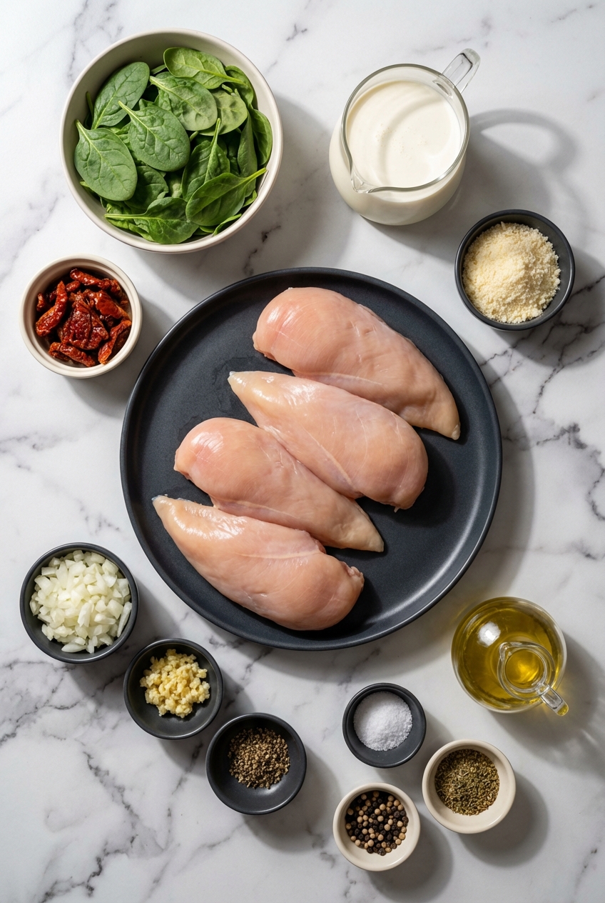 Overhead flat lay of raw chicken breast cutlets, sun-dried tomatoes, and baby spinach on a white marble surface for this tuscan chicken recipe.