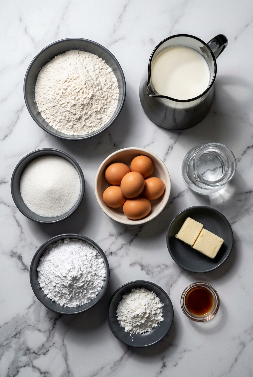 Flat lay of ingredients for Vanilla Custard Cream Squares including a whole vanilla bean, whole milk, and butter on a contemporary countertop.