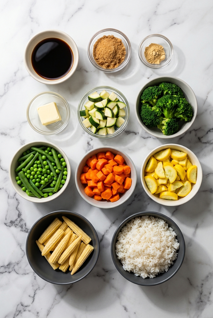 Raw ingredients for a Vegetable Teriyaki Bowl including cruciferous vegetables, soy sauce, and rice vinegar in a flat lay on a contemporary countertop.
