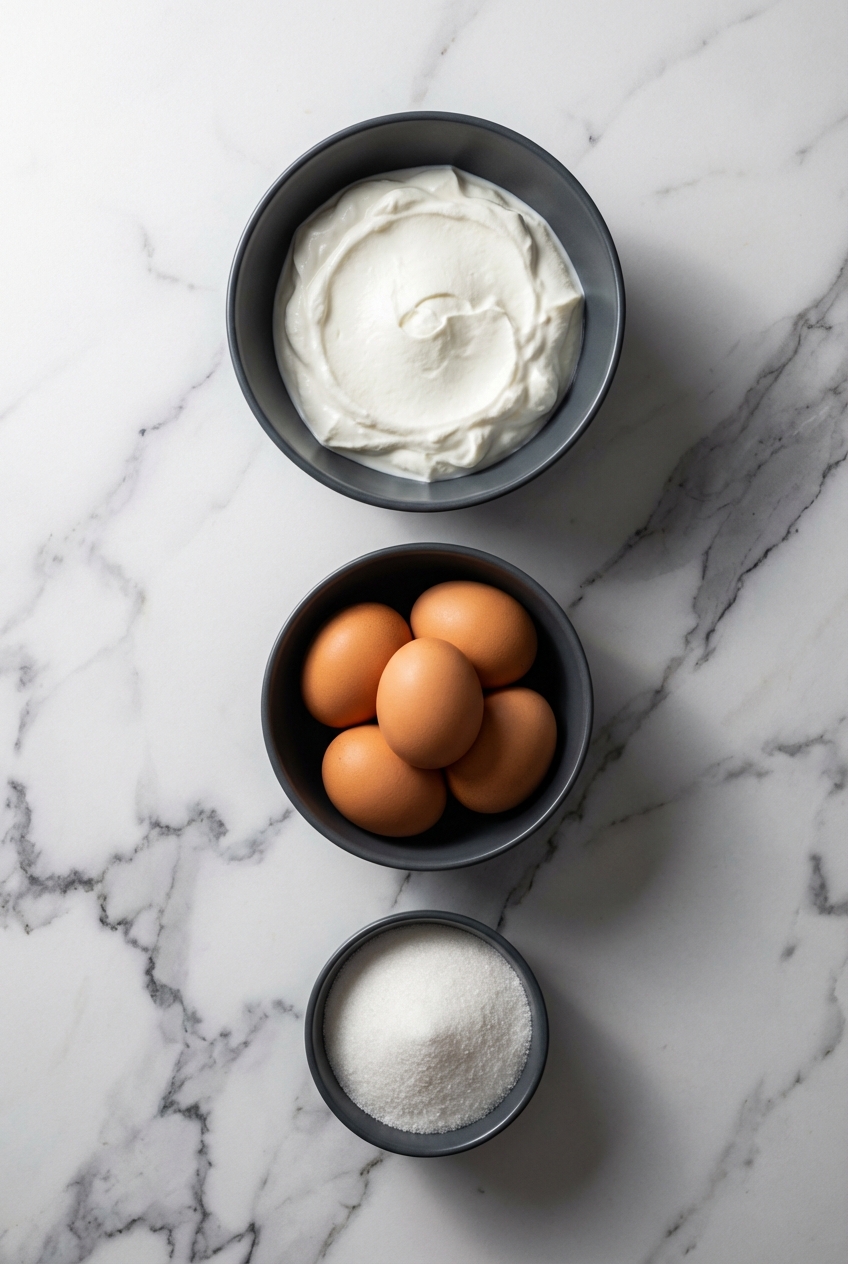 Flat lay of Greek yogurt, egg whites, and cream of tartar on a contemporary white marble countertop with soft shadows.