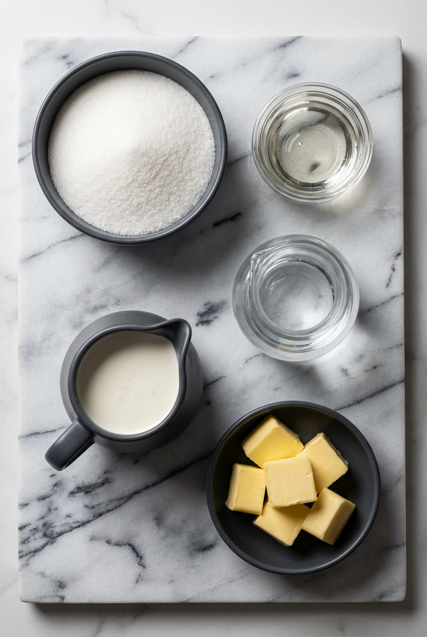 Flat lay of sucrose, heavy cream, and corn syrup on a contemporary countertop for a Homemade Caramel Recipe.