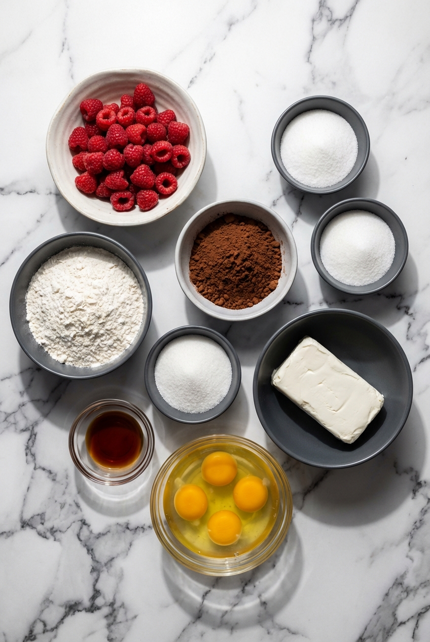 Flat lay of ingredients for Heart Shaped Brownies including Dutch-process cocoa, raspberry coulis, and cream cheese on white marble.