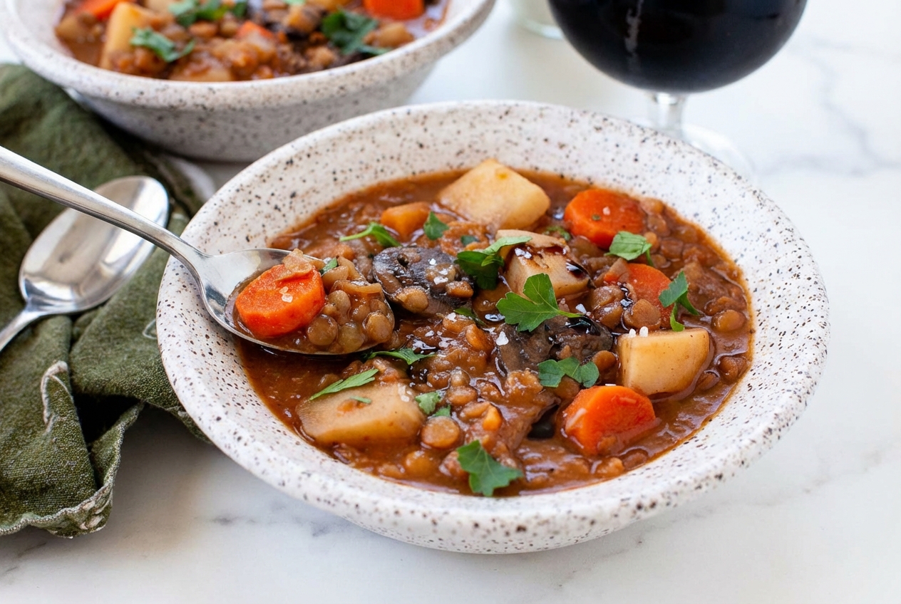 Irish vegetarian stew in a minimalist ceramic bowl on marble, finished with dark balsamic glaze and smoked sea salt.