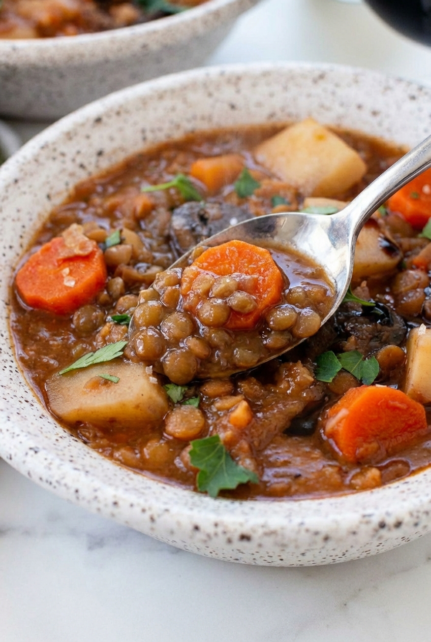 Close-up of thick irish vegetarian stew showing tender lentils and mirepoix under soft natural window lighting.