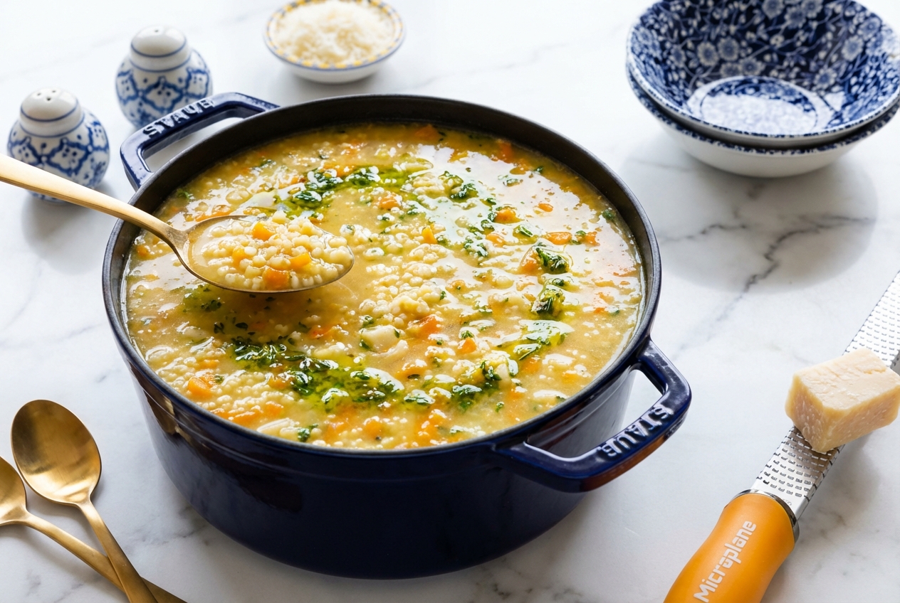 Creamy italian pastina soup in a minimalist ceramic vessel on white marble, drizzled with vibrant lemon-thyme gremolata oil.
