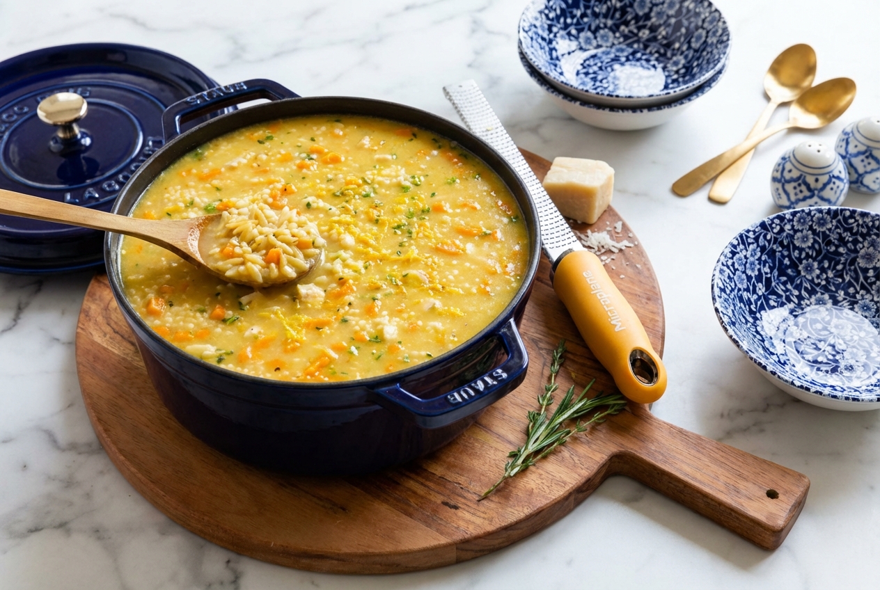 A minimalist ceramic bowl of italian penicillin soup on a white marble surface with toasted pastina and lemon zest.