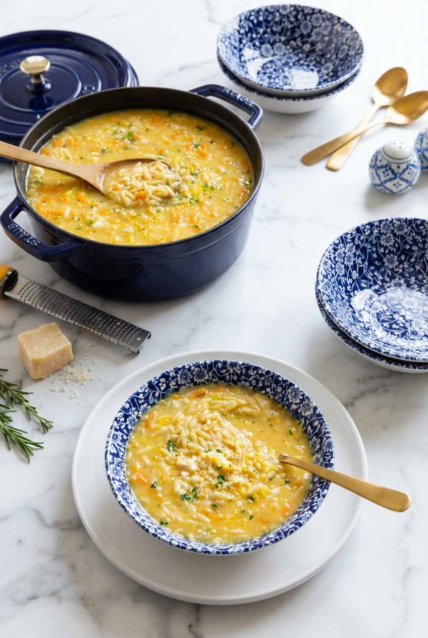 Macro texture of italian penicillin soup showing the golden toasted pastina and fine flecks of fresh lemon zest.