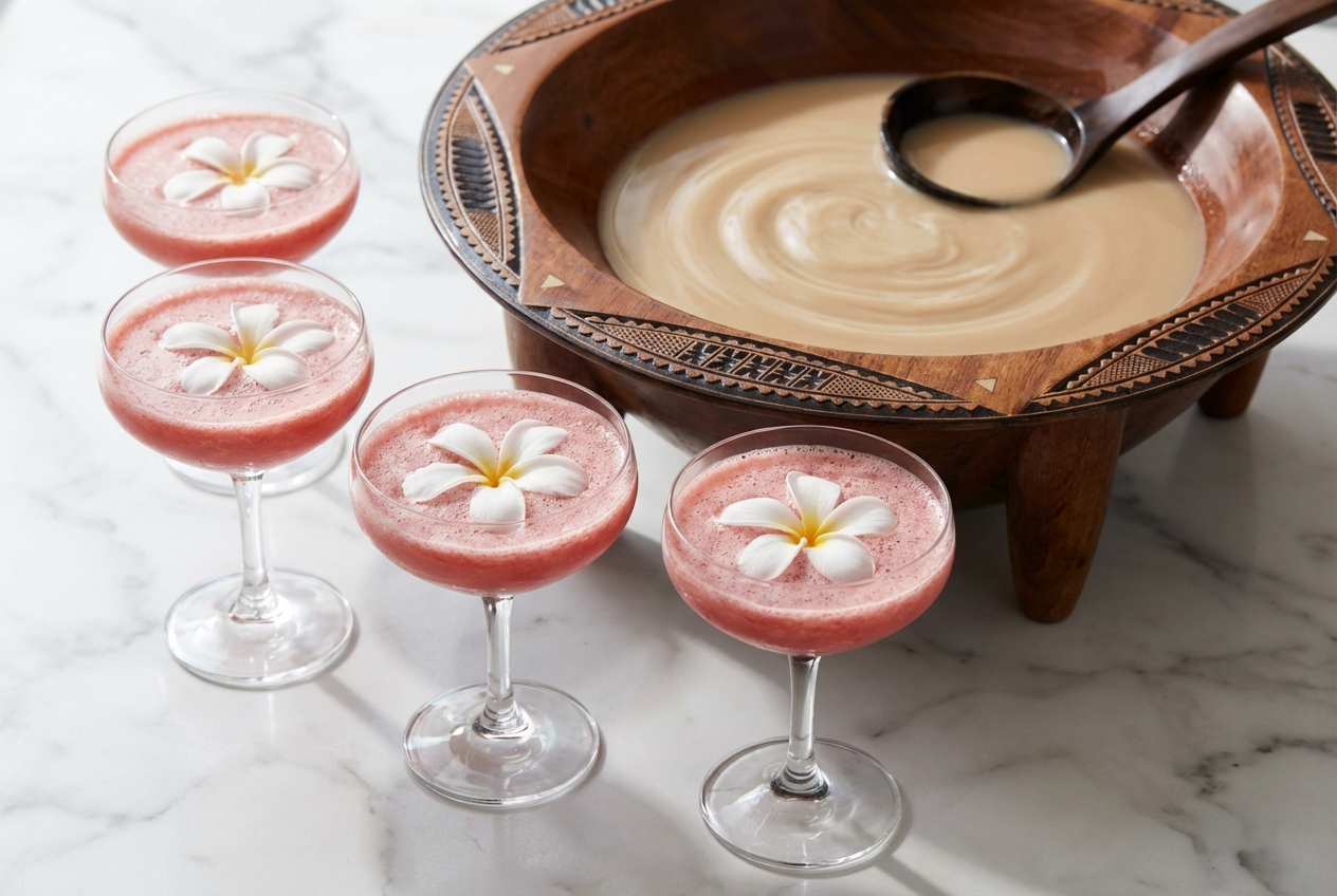 A kava drink recipe prepared with a lipid-enhanced knead, served in a minimalist ceramic bowl on white marble.