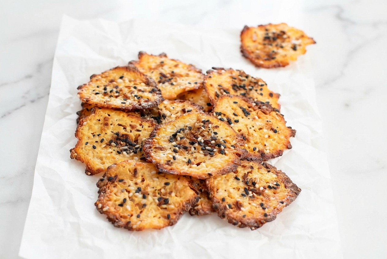 Keto Cottage Cheese Chips with a Parmesan-crusted bottom on a white marble surface under natural window lighting.