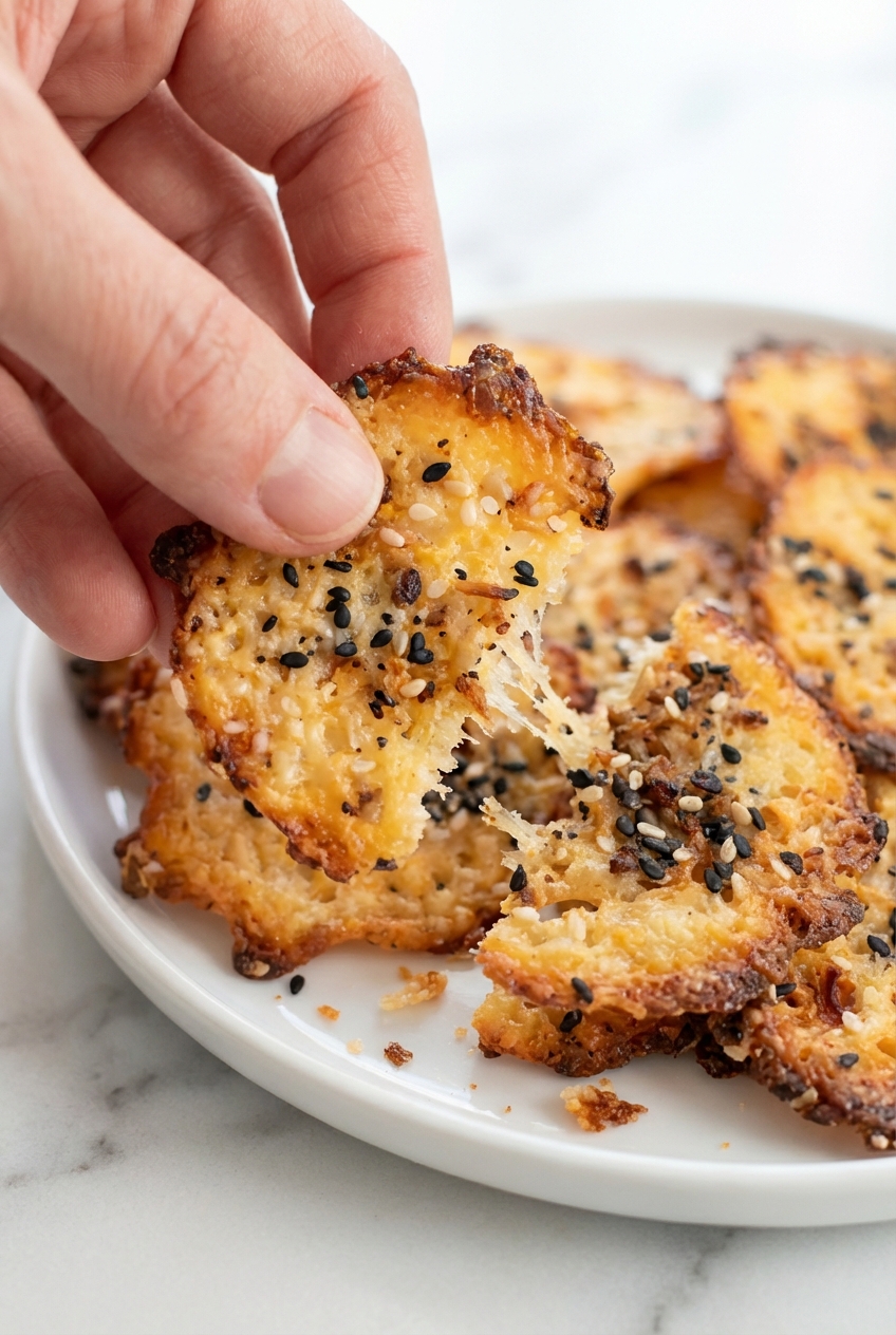 Close-up of Keto Cottage Cheese Chips showing the bubbly texture and Everything Bagel seasoning in a ceramic vessel.