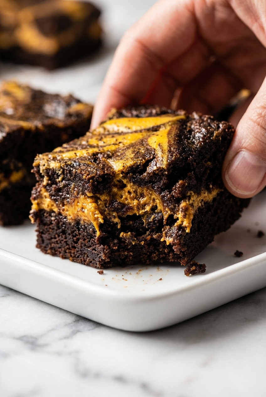 Close-up shot of the dense, fudgy crumb of Keto Pumpkin Brownies on a minimalist ceramic plate under natural lighting.