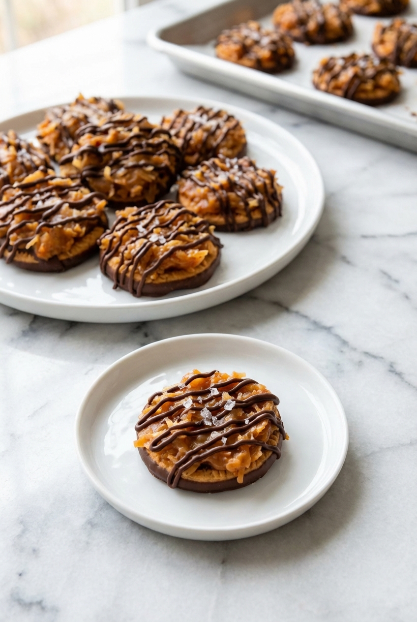 Stacked No Bake Samoa Cookies on white marble with natural window lighting and soft shadows.