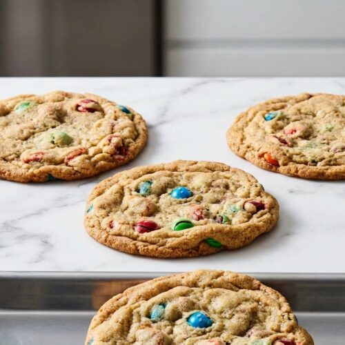 Golden m&m cookies with browned butter specks on a minimalist white ceramic plate atop a marble surface.