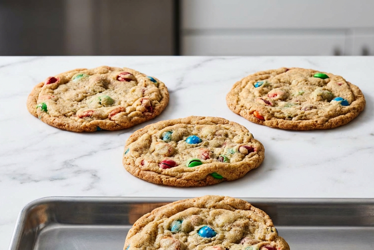 Golden m&m cookies with browned butter specks on a minimalist white ceramic plate atop a marble surface.