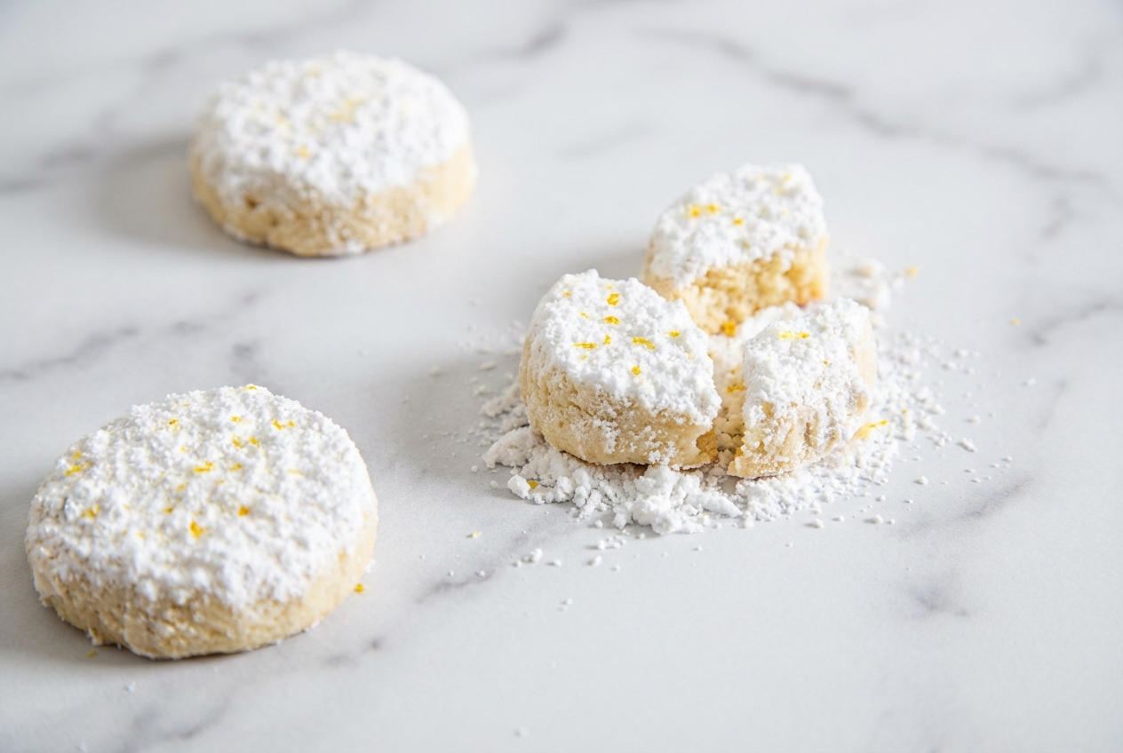 Meyer Lemon Meltaways stacked on a minimalist ceramic plate, dusted with fine citrus zest powder on a white marble surface.