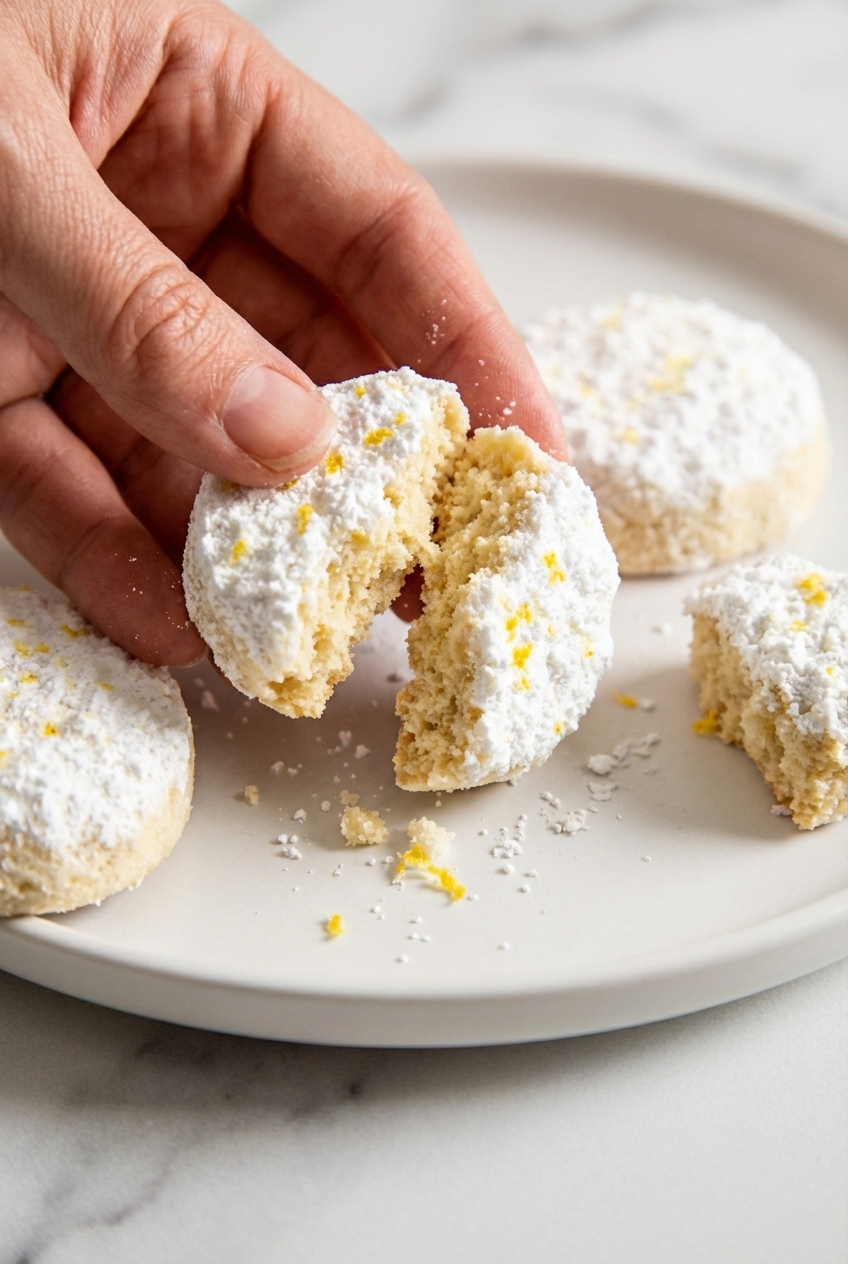 Close-up of Meyer Lemon Meltaways showing the fine, tender crumb and delicate citrus-infused sugar coating in soft natural light.