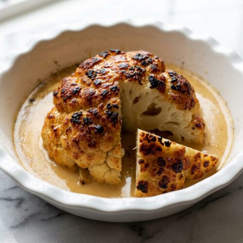Whole Roasted Cauliflower on white marble, glazed with miso and maple syrup for an umami-rich, golden-brown crust.
