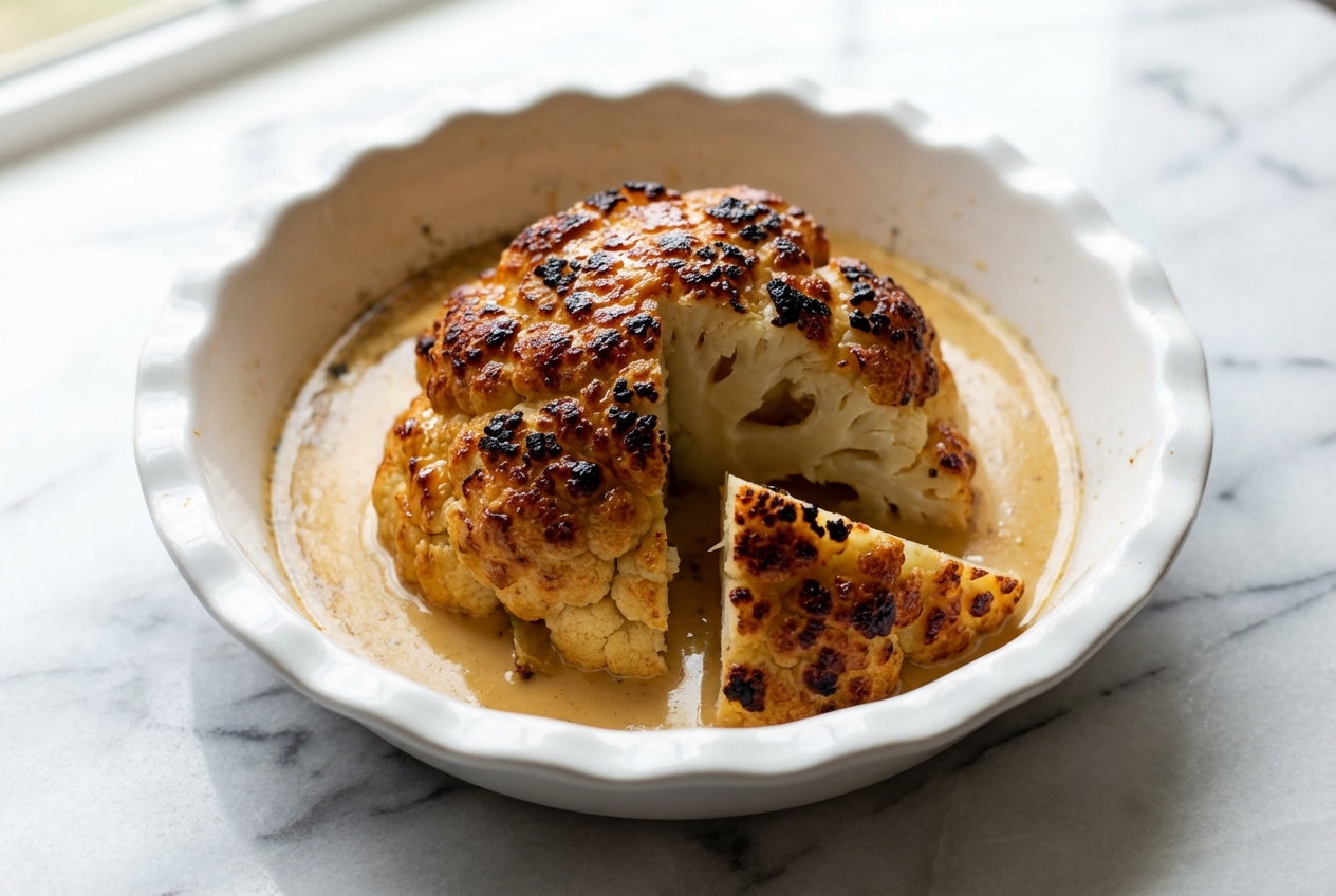 Whole Roasted Cauliflower on white marble, glazed with miso and maple syrup for an umami-rich, golden-brown crust.