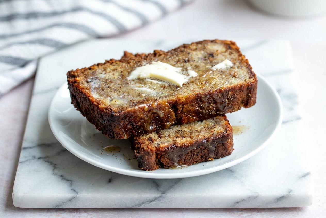 Moist Banana Bread with brown butter and toasted cardamom on a minimalist ceramic plate over a white marble surface.
